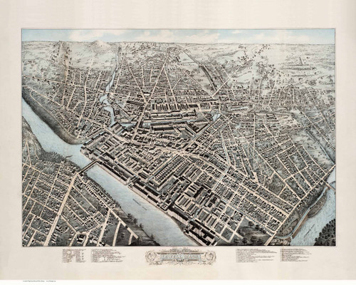 Lowell, Massachusetts 1876 Bird's Eye View - Old Map Reprint BPL