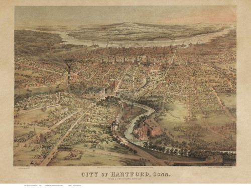 Hartford, Connecticut 1864 Bird's Eye View - Old Map Reprint BPL