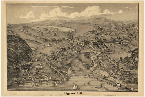Higganum Downtown, Connecticut 1881 Bird's Eye View - Old Map Reprint