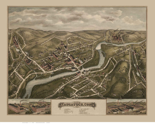 Naugatuck, Connecticut 1877 Bird's Eye View - Old Map Reprint