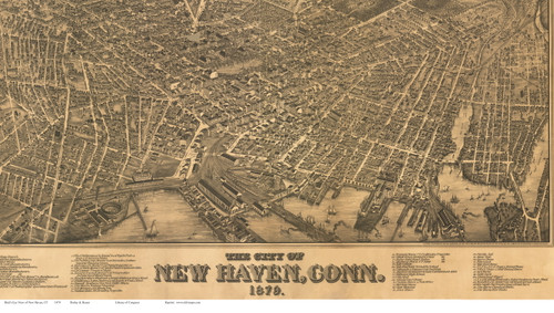 New Haven Downtown, Connecticut 1879 Bird's Eye View - Old Map Reprint