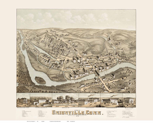 Unionville, Connecticut 1878 Bird's Eye View - Old Map Reprint BPL