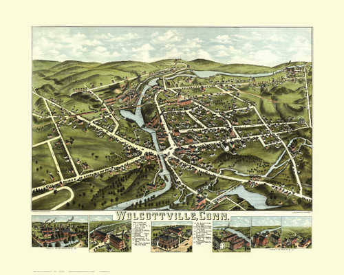 Wolcottville, Connecticut 1875 Bird's Eye View - Old Map Reprint