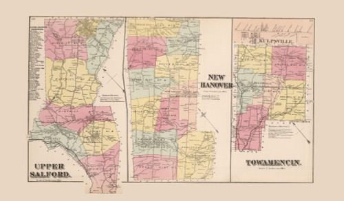 Upper Salford, New Hanover, Towamencin with Village of Kulpsville, Pennsylvania 1871 - Old Map Reprint - Montgomery County