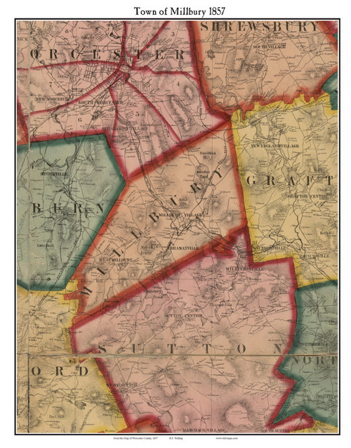 Millbury Massachusetts 1857 Old Town Map Custom Print - Worcester Co.