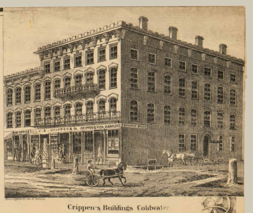 Crippen's Buildings, Coldwater, Michigan 1858 Old Town Map Custom Print - Branch Co.