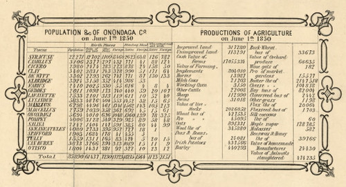 Onondaga Co. -- 1852 -- Population & Agricultural Productions, New York 1852 Old Town Map Custom Print - Onondaga Co.