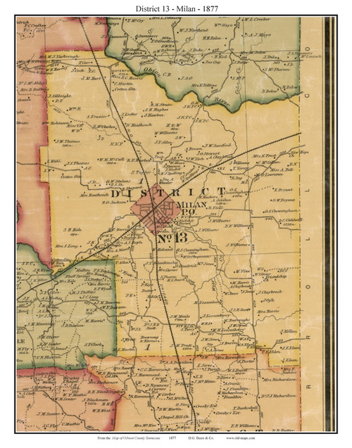 District 13 - Milan, Tennessee 1877 Old Town Map Custom Print Gibson Co.