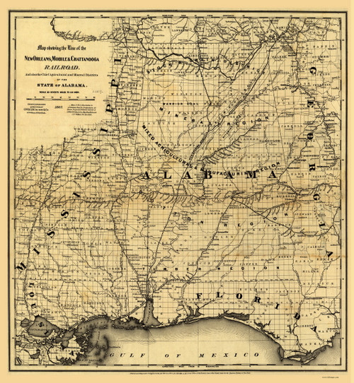 Alabama 1867 New Orleans RR - Old State Map Reprint
