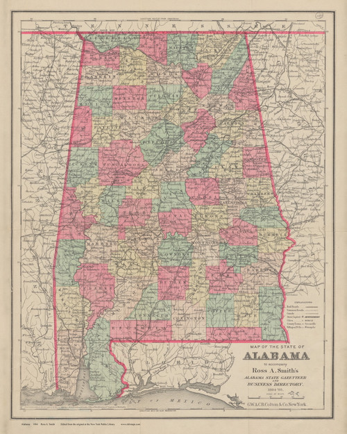 Alabama 1884 Smith - Old State Map Reprint