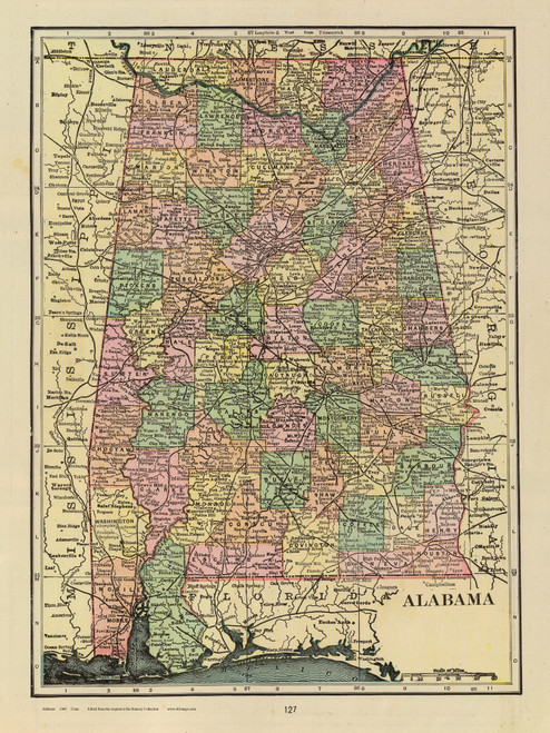 Alabama 1909 Cram - Old State Map Reprint