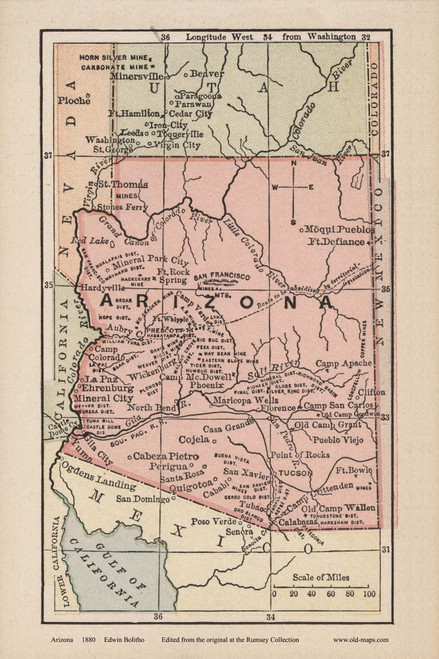 Arizona 1880 Bolitho - Old State Map Reprint