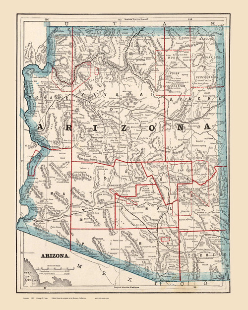 Arizona 1893 Cram - Old State Map Reprint