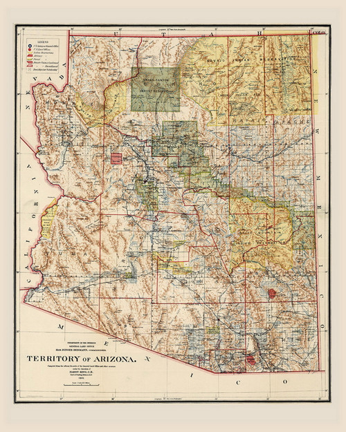 Arizona 1901 GLO - Old State Map Reprint