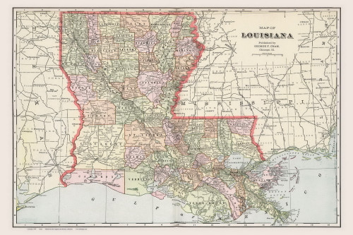Louisiana 1901 Cram - Old State Map Reprint