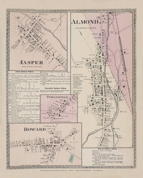 Howard Jasper Almond Towlesville, New York 1873 - Old Town Map Reprint - Steuben Co. Atlas 89