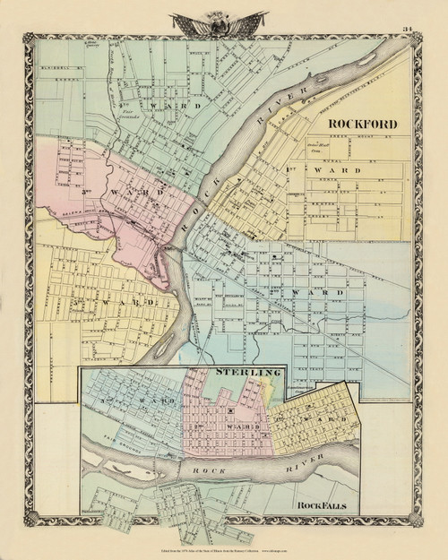 Rockford & Sterling Cities, 1876 Illinois - Old Map Reprint - Warner & Beers Illinois State Atlas
