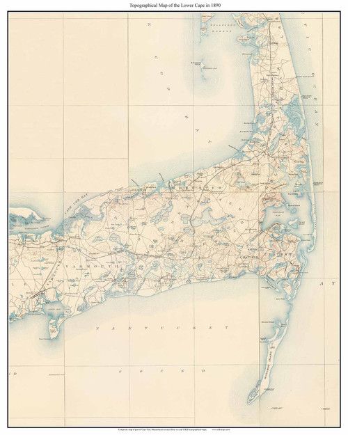 The Lower Cape - Cape Cod 1890 - Custom USGS Old Topo Map - Massachusetts - Cape Cod Regions - Yarmouth, Chatham, Orleans, Harwich, Brewster, Dennis