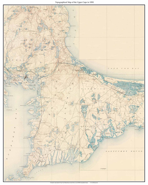The Upper Cape - Cape Cod 1890 - Custom USGS Old Topo Map - Massachusetts - Cape Cod Regions - Sandwich, Bourne, Falmouth, Mashpee
