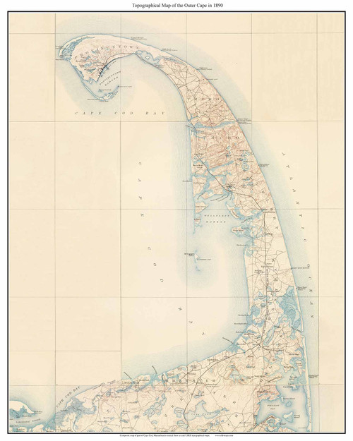 The Outer Cape - Cape Cod 1890 - Custom USGS Old Topo Map - Massachusetts - Cape Cod Regions - Provincetown, Truro, Wellsfleet, Eastham, Orleans