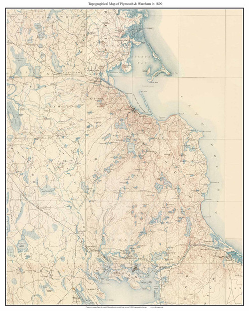 Plymouth & Wareham 1890 - Custom USGS Old Topo Map - Cape Cod Regions - Massachusetts -Duxbury, Kingston, Plympton, Carver, Bourne