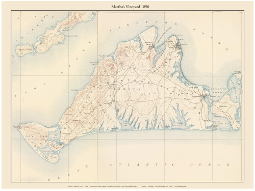 Martha's Vineyard 1890 - Custom USGS Old Topo Map - Massachusetts