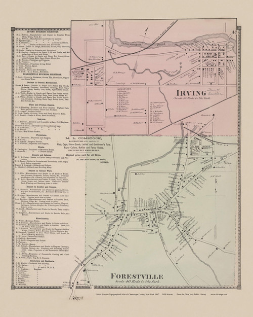 Irving & Forestville Villages, New York 1867 - Old Town Map Reprint - Chautauqua Co. Atlas 32