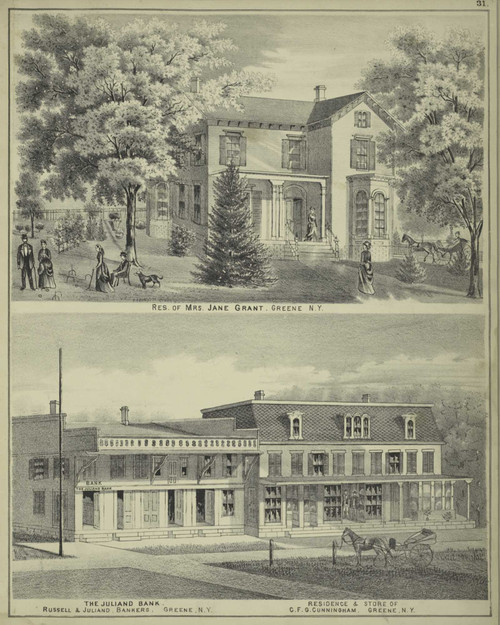 Residences of Jane Grant and C.F.G. Cunningham and the Julian Bank, New York 1875 - Old Town Map Reprint - Chenango Co. Atlas 31