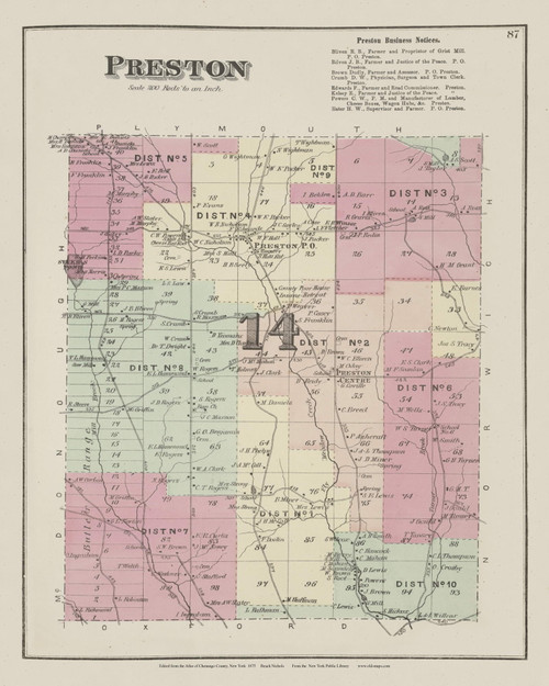 Preston, New York 1875 - Old Town Map Reprint - Chenango Co. Atlas 87