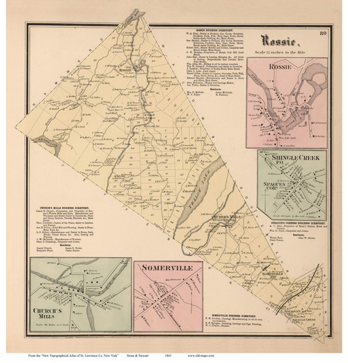 Rossie Town, Rossie, Shingle Creeek, Church's Mills and Somerville Villages, New York 1865 - Old Town Map Reprint - St. Lawrence Co. Atlas