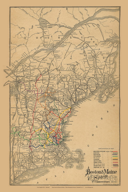 New England 1905 Old Map Reprint - Boston & Maine Railroad Map - New England & Long Island