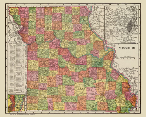 Missouri 1909 Cram - Old State Map Reprint