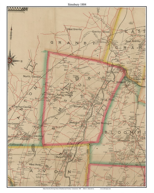 Simsbury, Connecticut 1884 Hartford and Vicinty - Old Town Map Custom Print