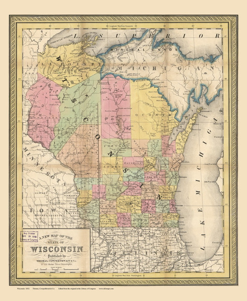 Wisconsin 1852  - Old State Map Reprint