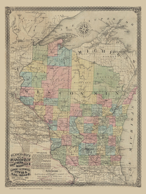 Wisconsin 1866 Blanchard - Old State Map Reprint