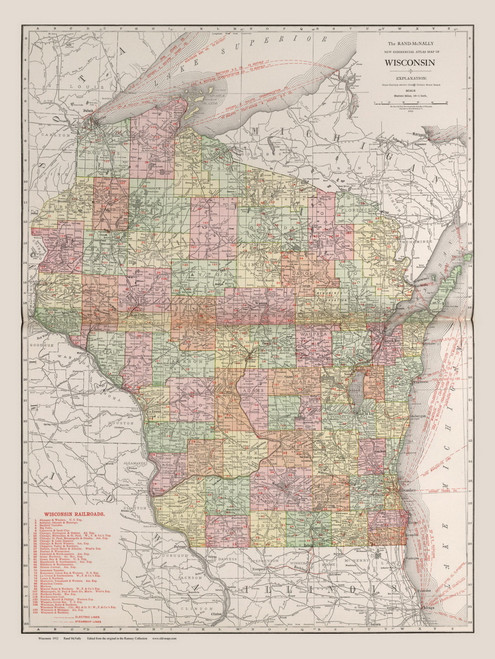 Wisconsin 1912 Rand McNally - Old State Map Reprint