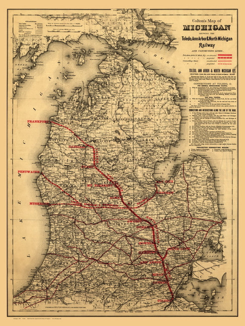 Michigan 1886 Colton - Toledo, Ann Arbor and North Michigan Railways - Old State Map Reprint