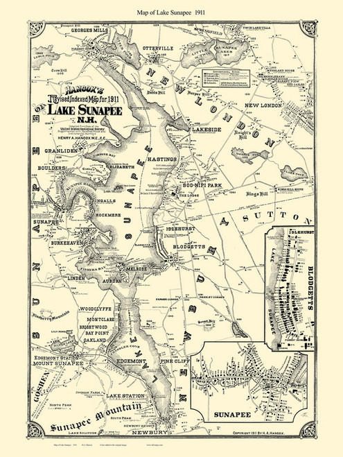 Lake Sunapee - NH Lakes, New Hampshire 1911 - Old Map Reprint