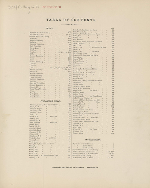 Table of Contents - Ohio 1880 Old Town Map Custom Reprint - Allen Co. Atlas