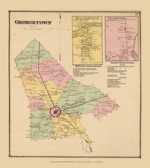 Georgetown Town, Millsborough and Frankford Villages, Delaware State Atlas 1868 Old Town Map Reprint - Sussex Co.