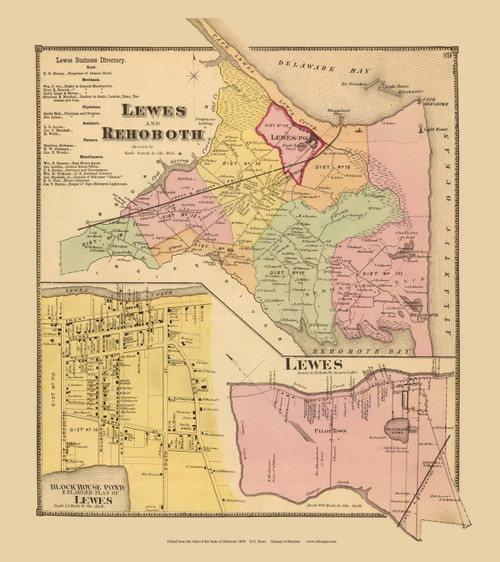 Lewes and Rehoboth Towns, Lewes Village, Delaware State Atlas 1868 Old Town Map Reprint - Sussex Co.