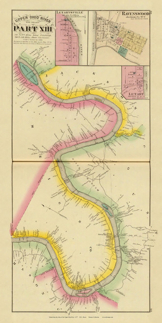 Upper Ohio River and Valley Part 13 - 214 to 237 Miles Below Pittsburgh, Letartsville, Ohio and Ravenswood and Letart Villages, West Virginia, 1877 - Upper Ohio River and Valley Atlas - Old Map Custom Reprint - USA Regional 124, 125