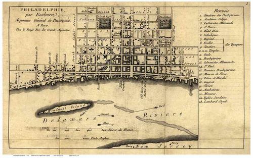 Philadelphia 1776 - French Text - Old Map Reprint PA Cities