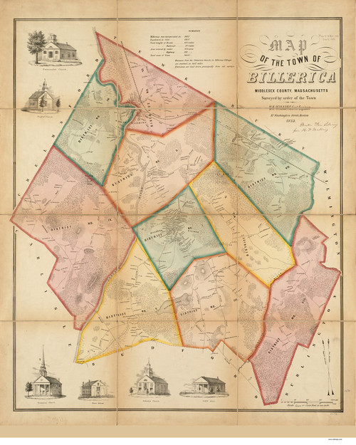 Billerica 1853 (Color) - Old Map  Middlesex County - Massachusetts Cities Other