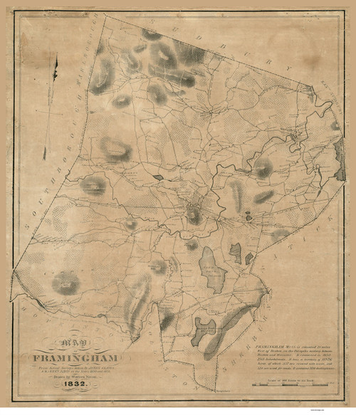 Framingham 1832 - Old Map  Middlesex County - Massachusetts Cities Other