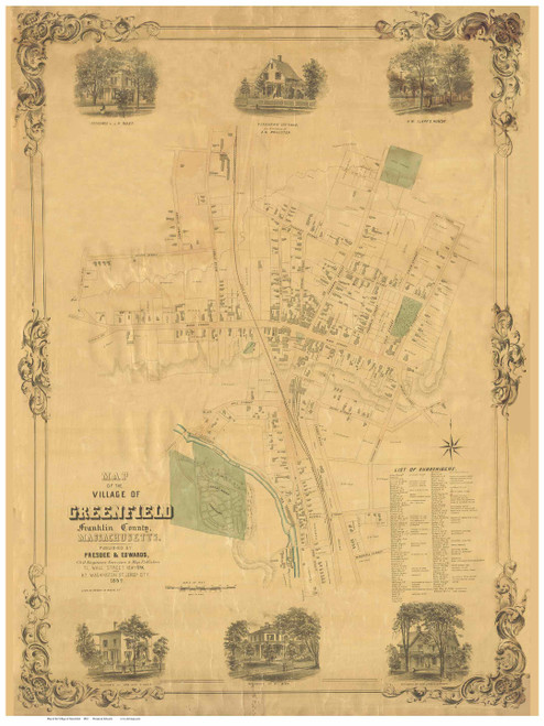 Greenfield 1852 - Old Map Reprint Franklin County - Massachusetts Cities Other