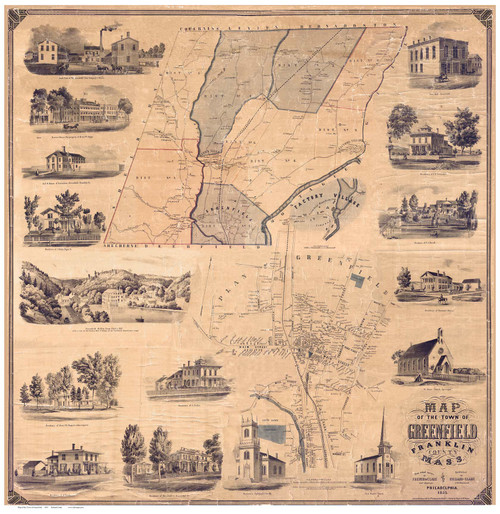 Greenfield 1855 - Old Map Reprint Franklin County - Massachusetts Cities Other