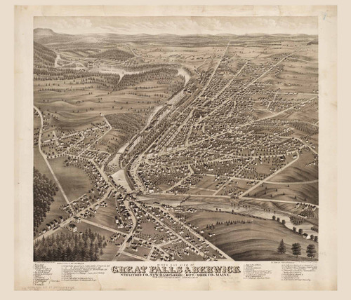 Great Falls & Berwick BPL, Maine 1877 Bird's Eye View