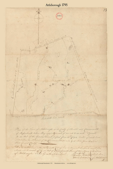 Attleborough, Massachusetts 1795 Old Town Map Reprint - Roads Place Names  Massachusetts Archives