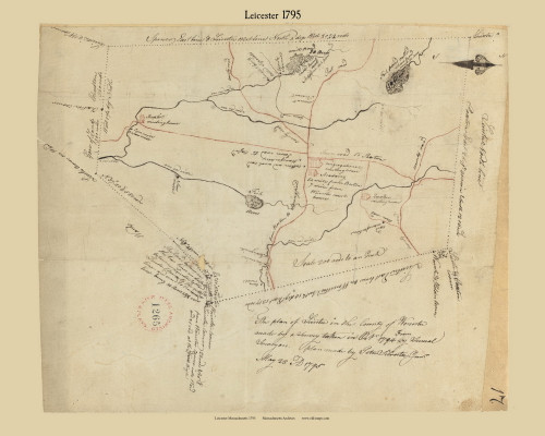 Leicester, Massachusetts 1795 Old Town Map Reprint - Roads Place Names  Massachusetts Archives